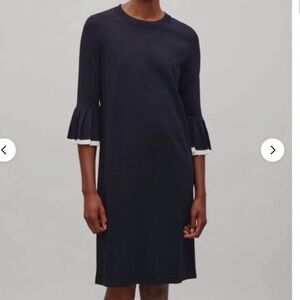 COS Pleated Sleeves Knitted Dress In Deep Navy Blue Size M